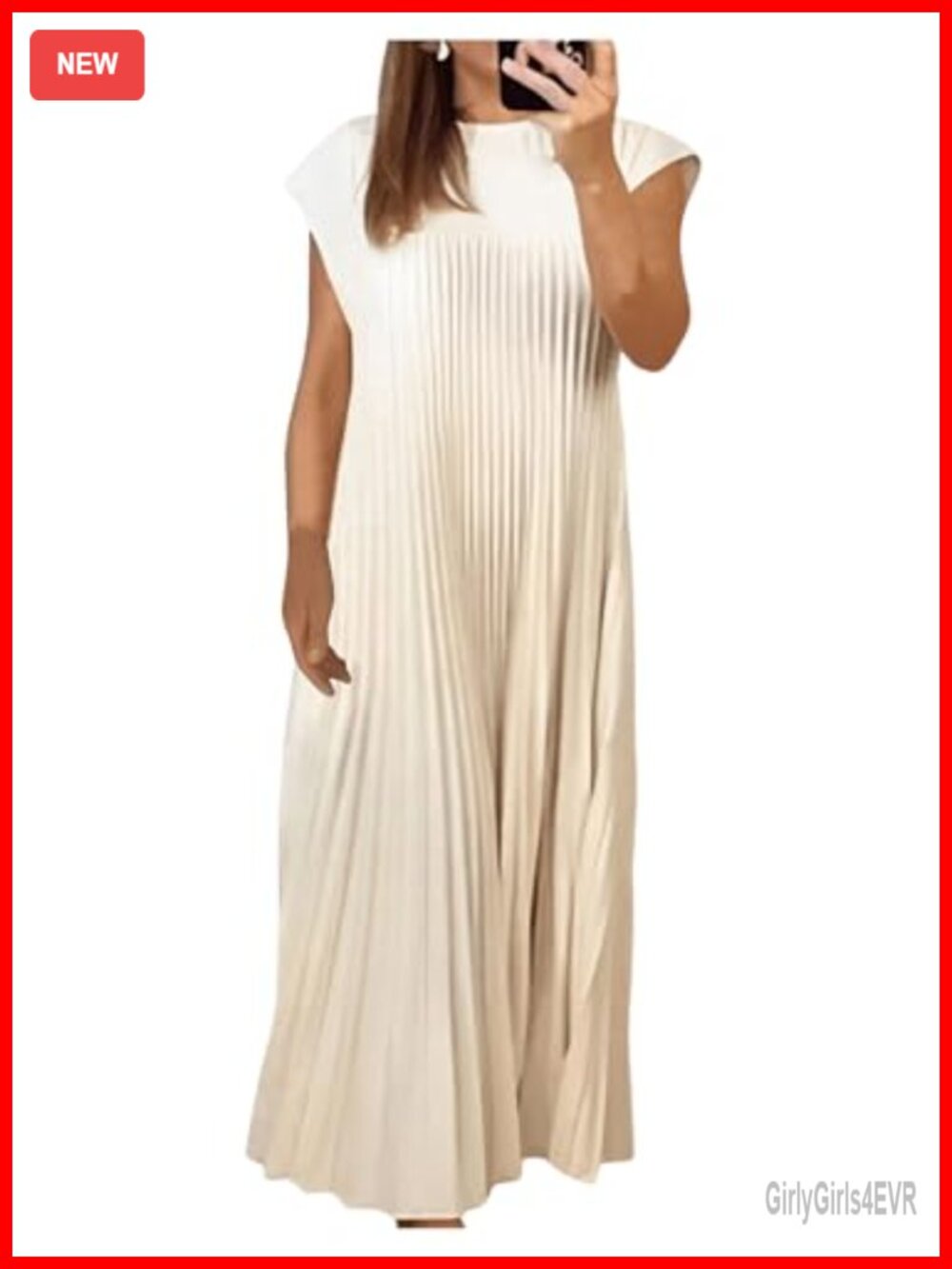 Women's Pleated Midi Dress Cap Sleeve Crew Neck Loose Fit Casual